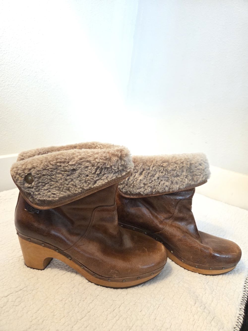 UGG Brown Leather Shearling Cuff Clog Boots